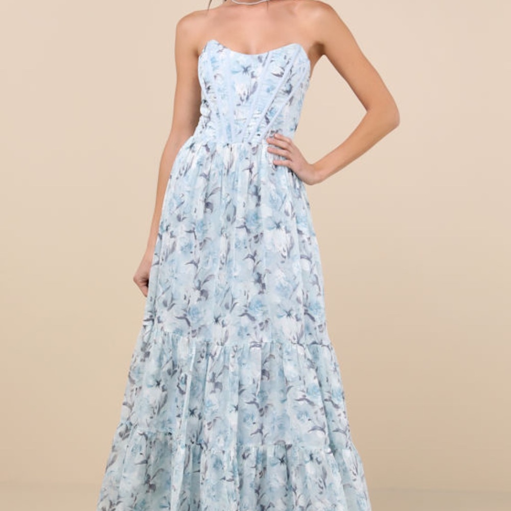 Lulu's Special Moments Blue Floral strapless Maxi Dress